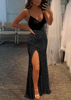 Sheath/Column V Neck Spaghetti Straps Long/Floor-Length Velvet Sequins Prom Dresses With Split