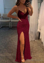 Sheath/Column V Neck Spaghetti Straps Long/Floor-Length Velvet Sequins Prom Dresses With Split