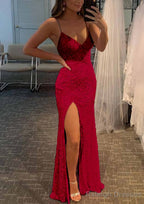 Sheath/Column V Neck Spaghetti Straps Long Dress Floor Length Velvet Sequins Prom Dress With Split