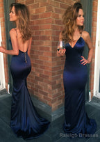 Sheath/Column V Neck Spaghetti Straps Sweep Train Charmeuse Prom Dresses