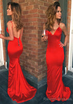 Sheath/Column V Neck Spaghetti Straps Sweep Train Charmeuse Prom Dresses