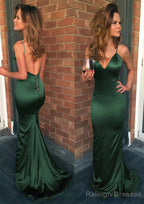 Sheath/Column V Neck Spaghetti Straps Sweep Train Charmeuse Prom Dresses