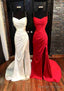 Sheath/Column V Neck Spaghetti Straps Sweep Train Satin Prom Dresses With Pleated Split