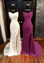 Sheath/Column V Neck Spaghetti Straps Sweep Train Satin Prom Dresses With Pleated Split