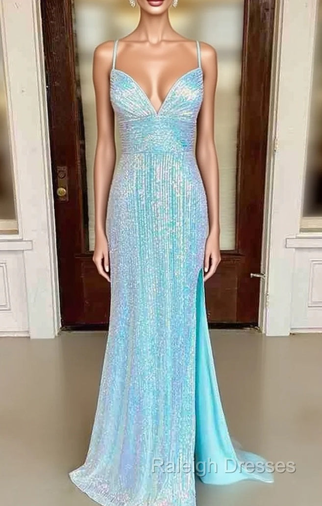 Sheath/Column V Neck Spaghetti Straps Sweep Train Sequined Prom Dress With Split