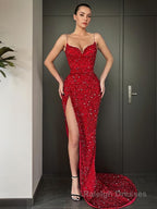 Sheath/Column V-neck Sweep Train Evening Dresses With Leg Slit