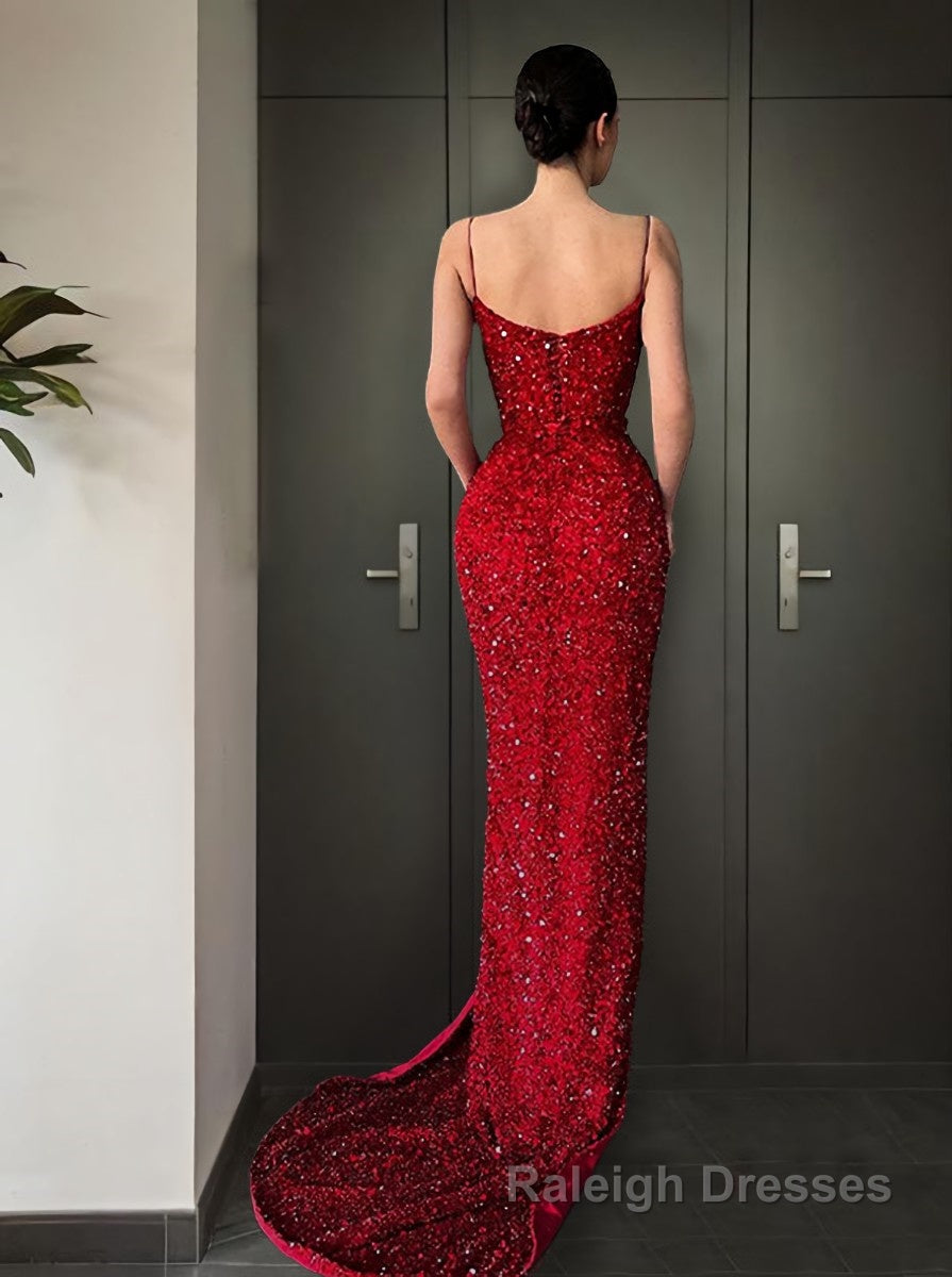 Sheath/Column V Neck Sweep Train Prom Dresses With Leg Slit