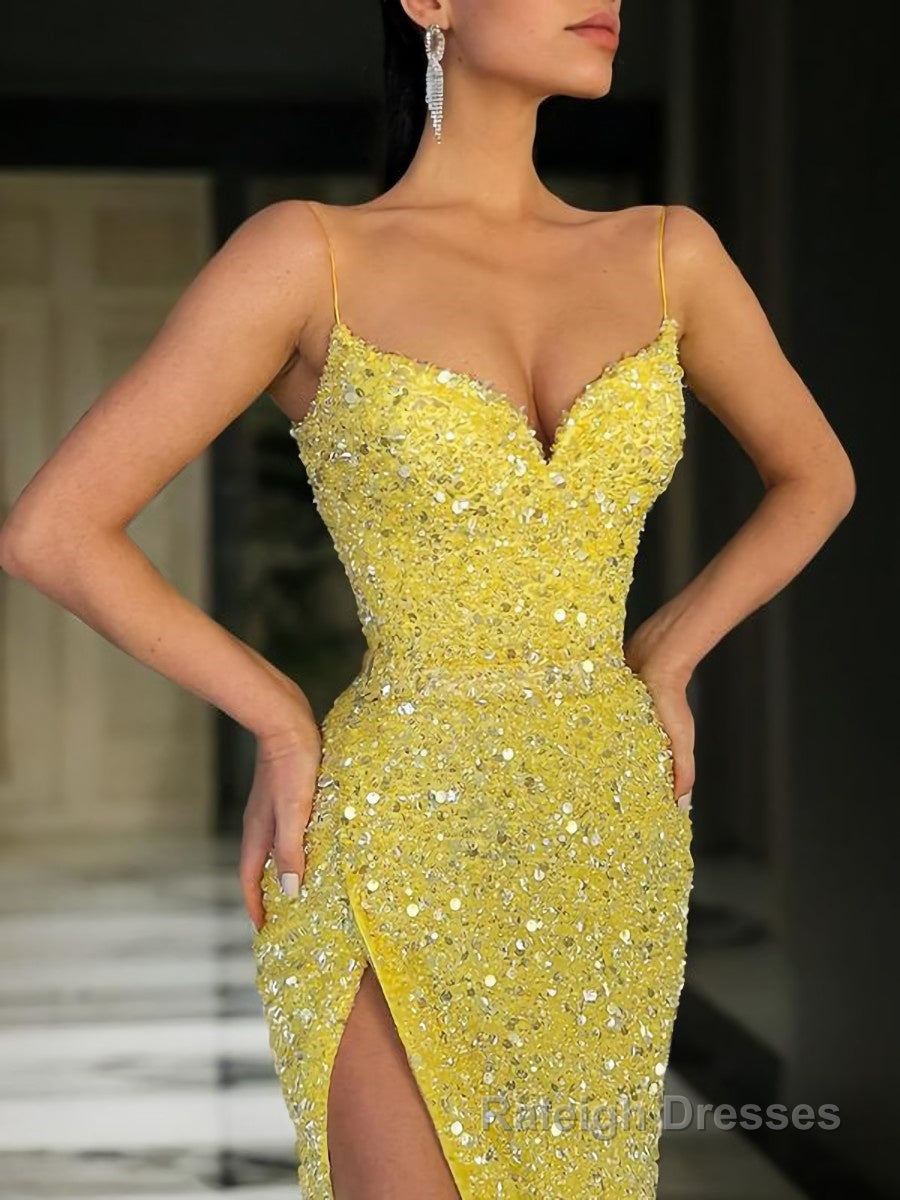 Sheath/Column V Neck Sweep Train Prom Dresses With Leg Slit