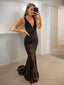Sheath/Column V Neck Sweep Train Lace Prom Dresses With Rhinestone