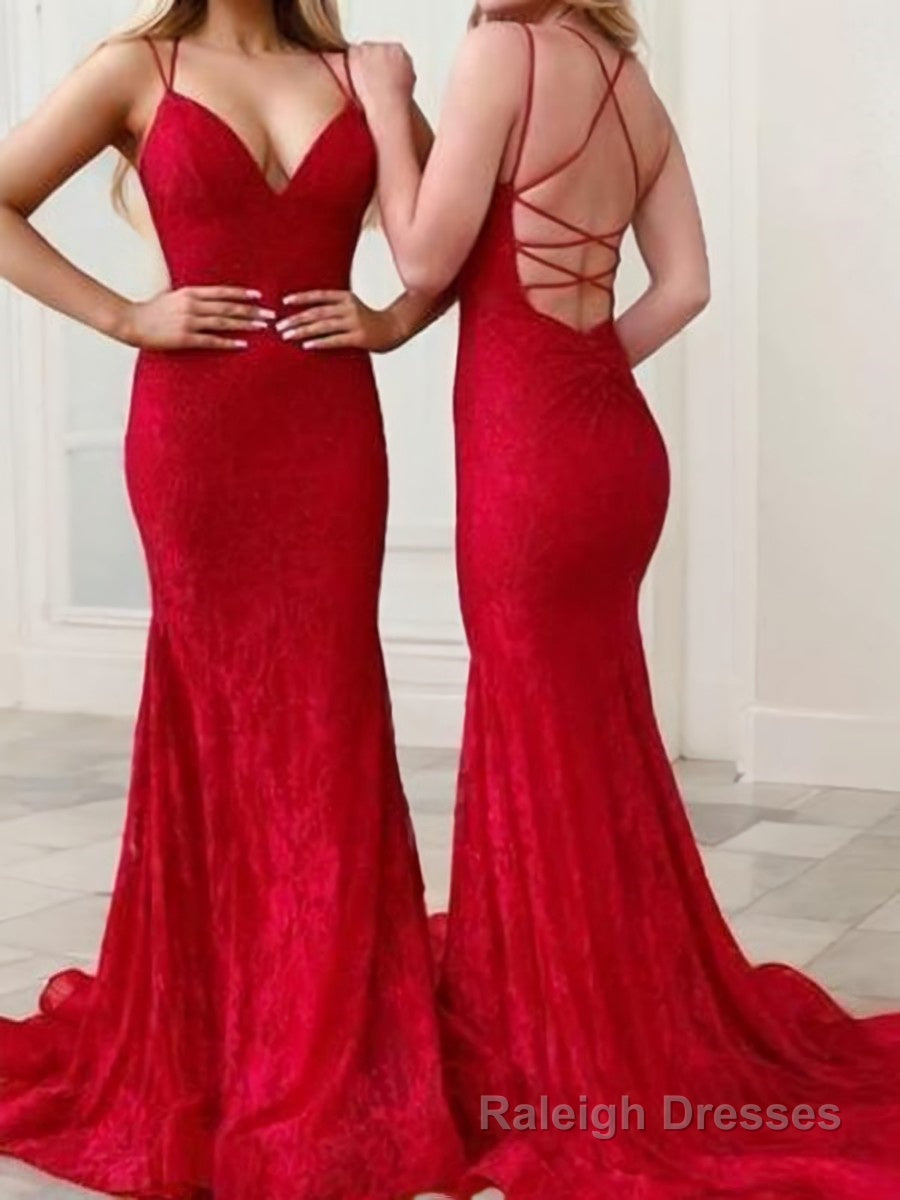 Sheath/Column V Neck Sweep Train Lace Prom Dresses Main image