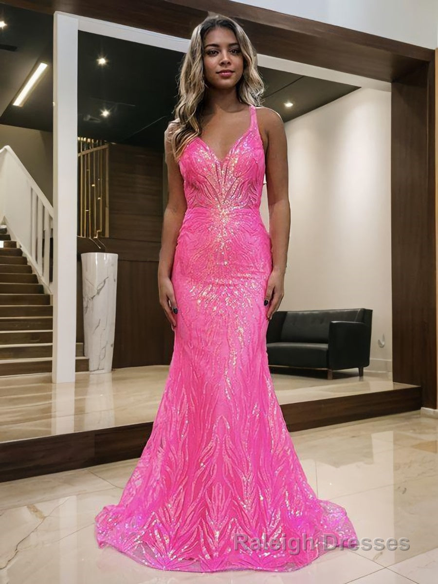 Sheath/Column V Neck Sweep Train Prom Dresses