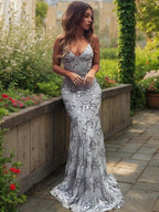 Sheath/Column V Neck Sweep Train Prom Dresses With Appliques Lace