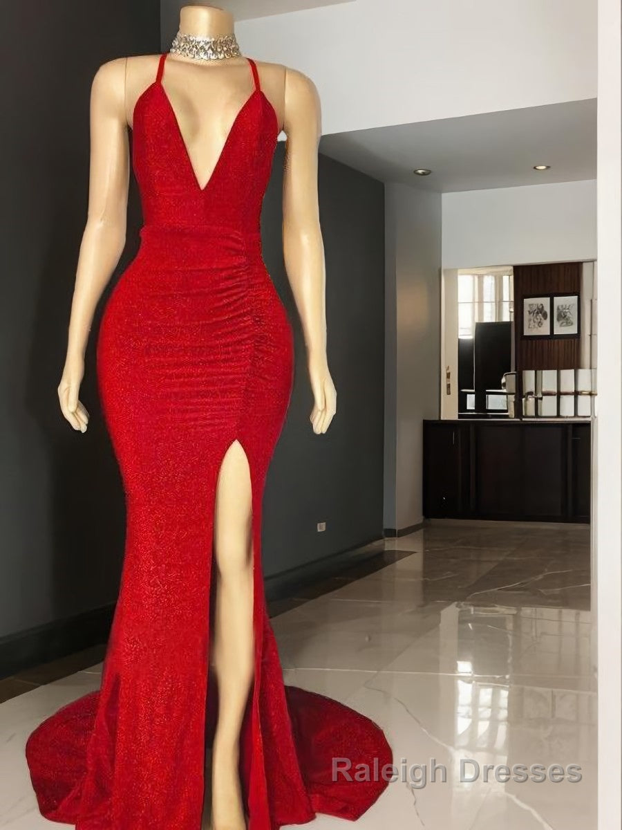 Sheath/Column V-neck Sweep Train Prom Dresses With Leg Slit Main image