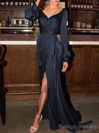 Sheath/Column V-neck Sweep Train Silk like Satin Mother of the Bride Dresses With Ruched