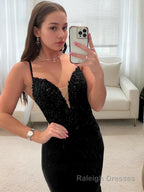 Sheath/Column V Neck Sweep Train Stretch Crepe Prom Dresses With Appliques Lace