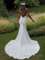 Sheath/Column V Neck Sweep Train Stretch Crepe Wedding Dresses