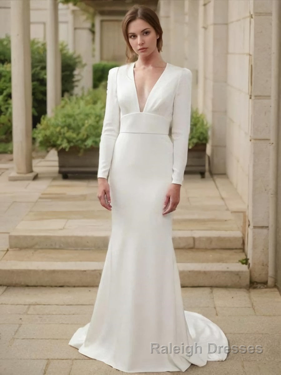 Sheath/Column V Neck Sweep Train Stretch Crepe Wedding Dresses
