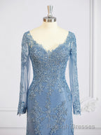 Sheath/Column V-neck Sweep Train Tulle Mother of the Bride Dresses With Appliques Lace