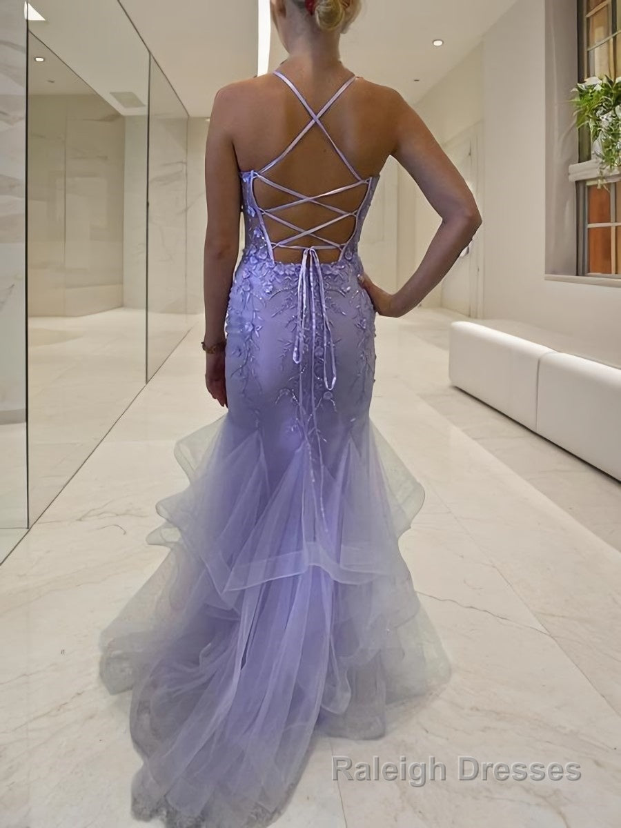 Sheath/Column V-neck Sweep Train Tulle Prom Dresses With Ruffles Secondary image