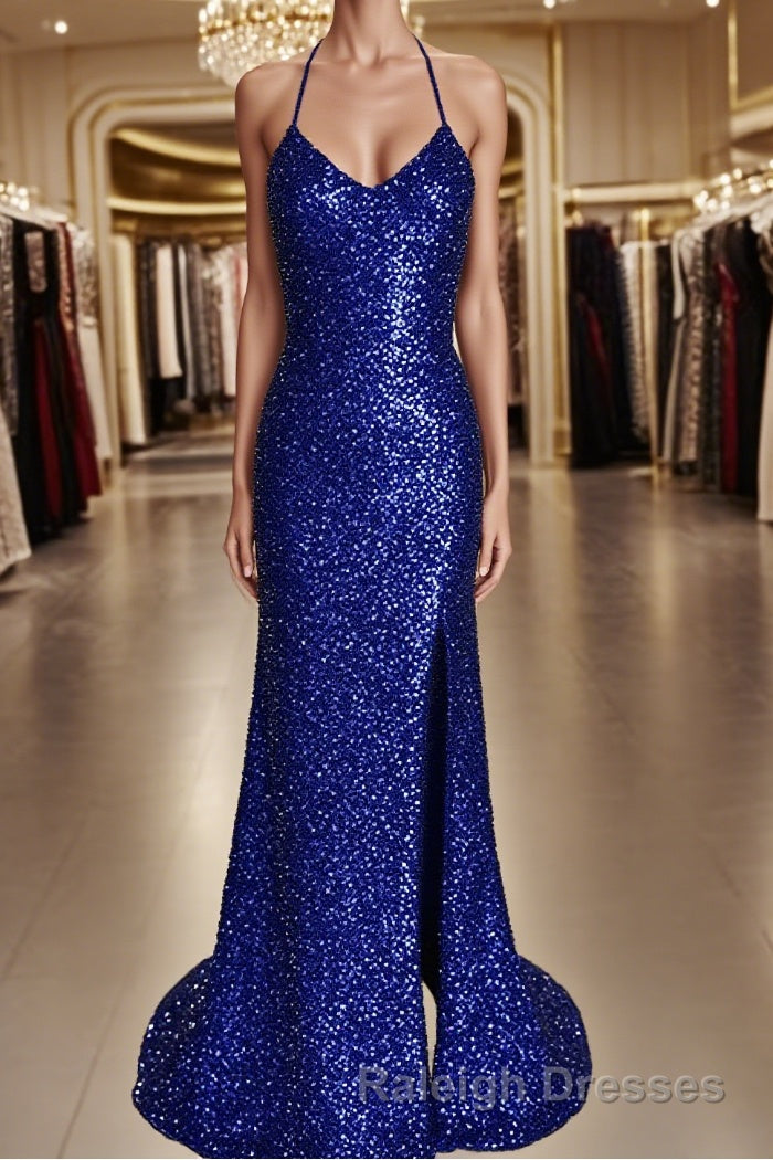 Sheath/Column V-neck Sweep Train Velvet Sequins Prom Dresses With Leg Slit Main image