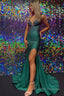 Sheath Deep V Neck Dark Green Long Prom Dress with Beading