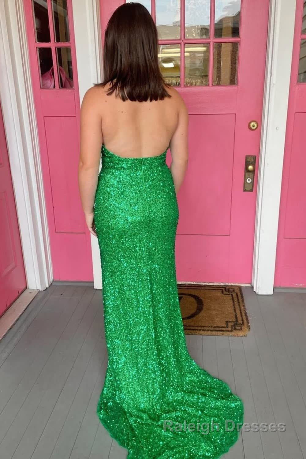 Sheath Deep V Neck Green Sequins Long Prom Dress with Split Front Secondary image