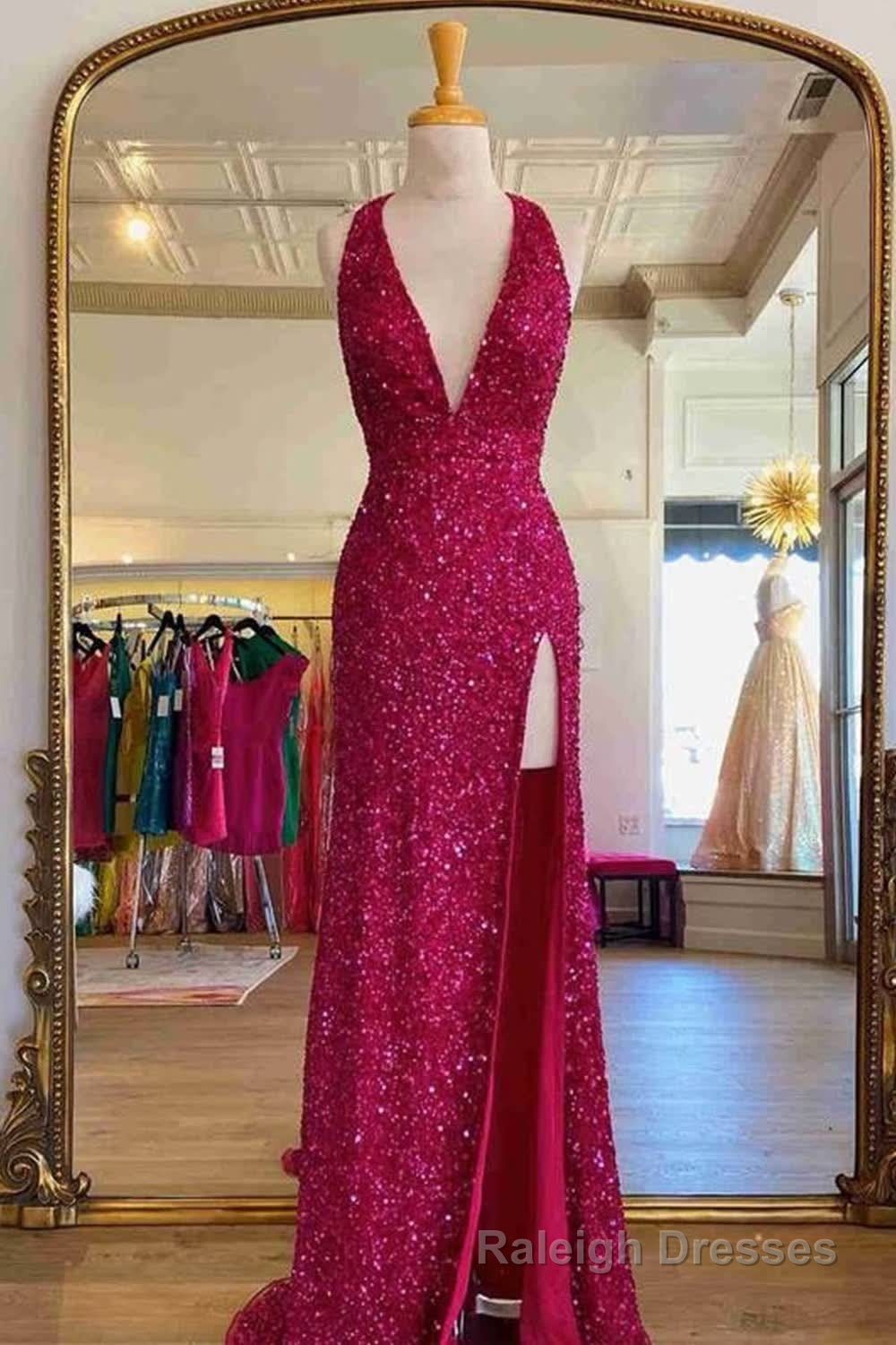 Sheath Deep V Neck Green Sequins Long Prom Dress with Split Front