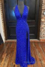 Sheath Deep V Neck Green Sequins Long Prom Dress with Split Front