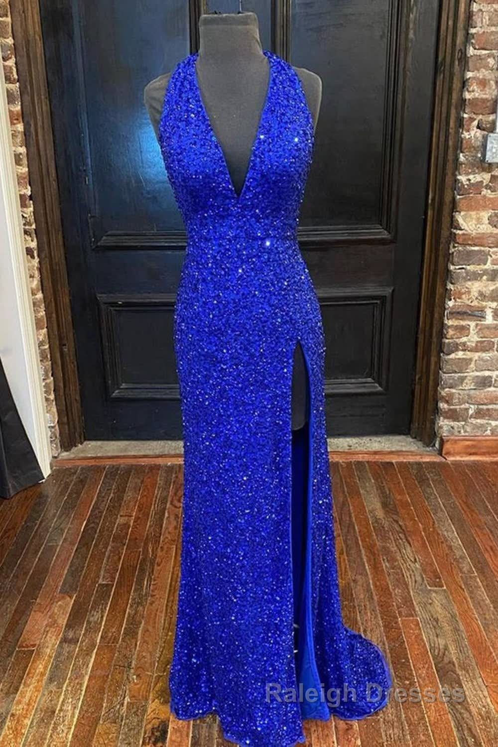 Sheath Deep V Neck Green Sequins Long Prom Dress with Split Front