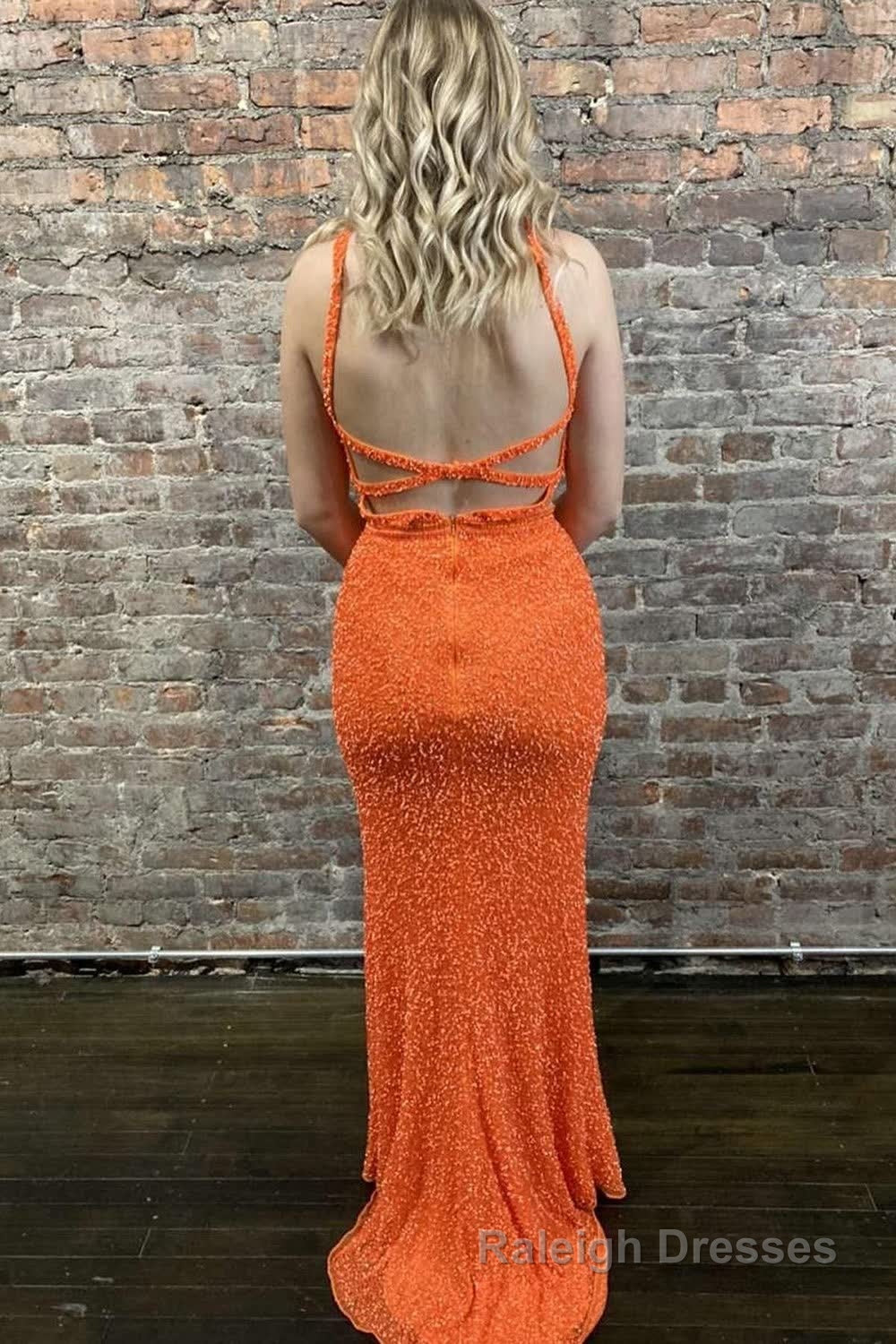 Sheath Deep V Neck Orange Sequins Backless Long Prom Dress Secondary image