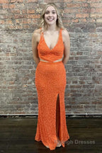 Sheath Deep V Neck Orange Sequins Backless Long Prom Dress