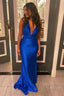 Sheath Deep V Neck Royal Blue Long Prom Dress with Backless