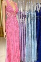 Sheath Halter Lace Tulle Prom Dresses with Appliques
