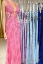 Sheath Halter Lace Tulle Prom Dress with Appliques