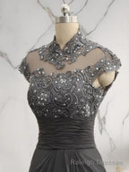 Sheath High Neck Short Sleeves Ruffles Sweep Train Chiffon Mother of the Bride Dress