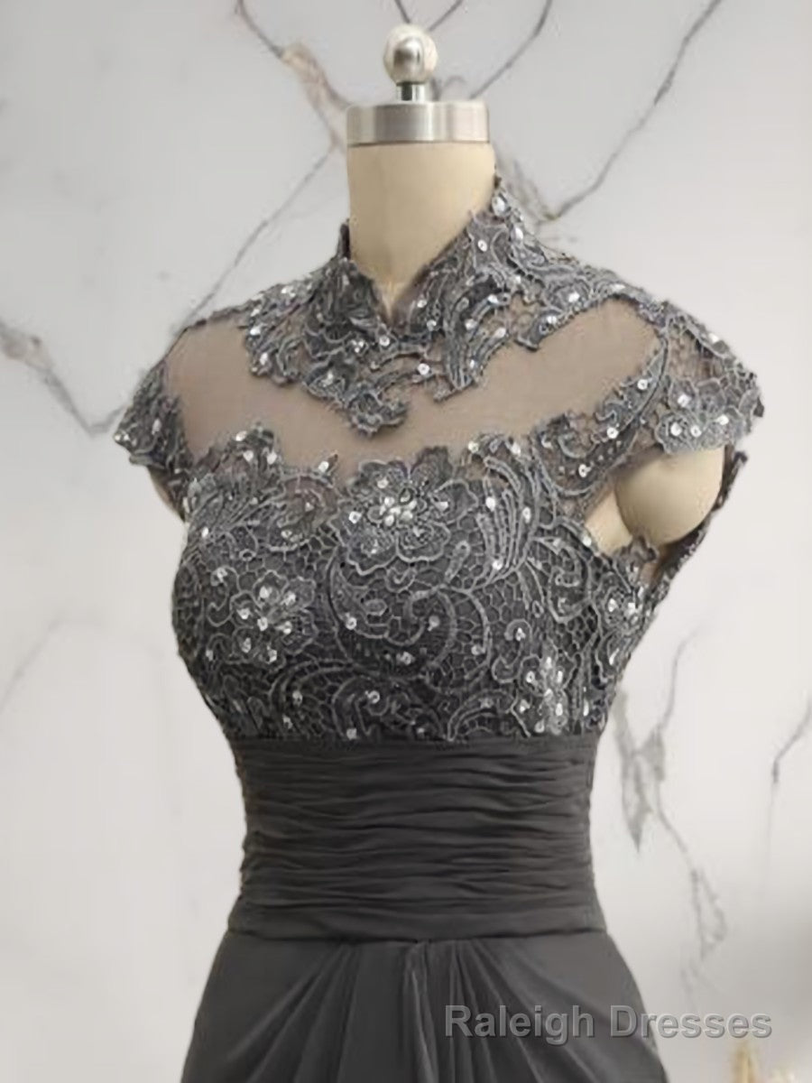 Sheath High Neck Short Sleeves Ruffles Sweep Train Chiffon Mother of the Bride Dress