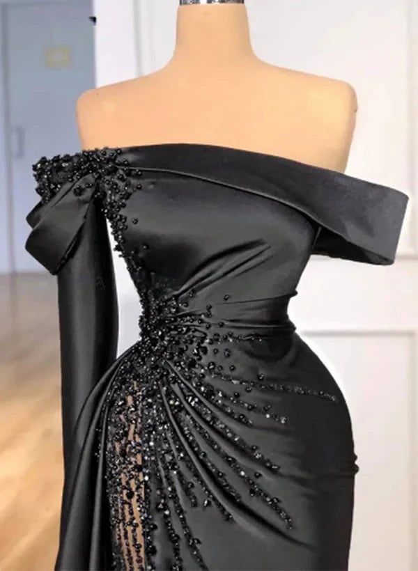 Sheath Off-The-Shoulder Long Sleeves Satin/Sequined Prom Dress