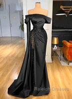 Sheath Off-The-Shoulder Long Sleeves Satin/Sequined Prom Dress