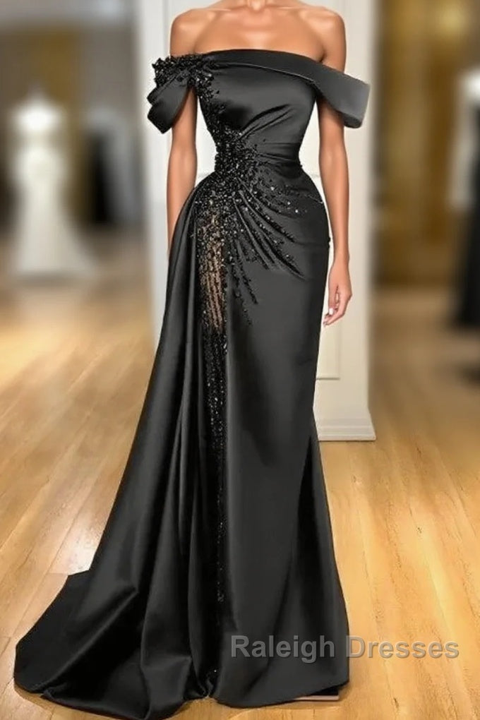 Sheath Off-The-Shoulder Long Sleeves Satin/Sequined Prom Dresses Main image