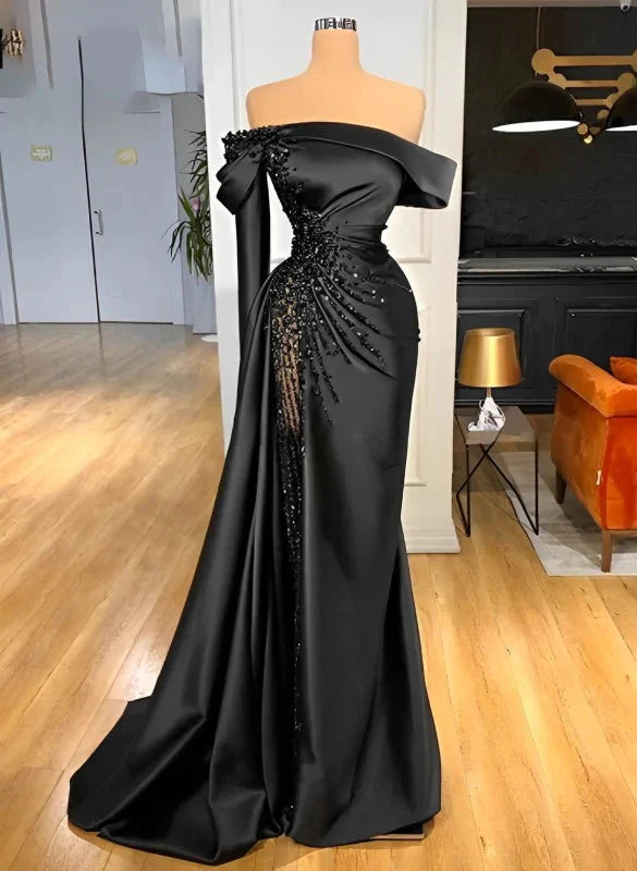 Sheath Off-The-Shoulder Long Sleeves Satin/Sequined Prom Dress