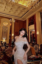 Sheath Off The Shoulder Sequin Long  Prom Dresses Formal Dress