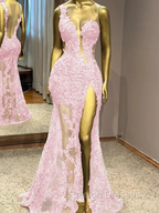 Sheath One-Shoulder Appliques Lace Floor-Length Tulle Prom Dress