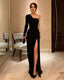 Sheath One Shoulder Black Elastic Satin Prom Dresses Split Black Prom Dressess