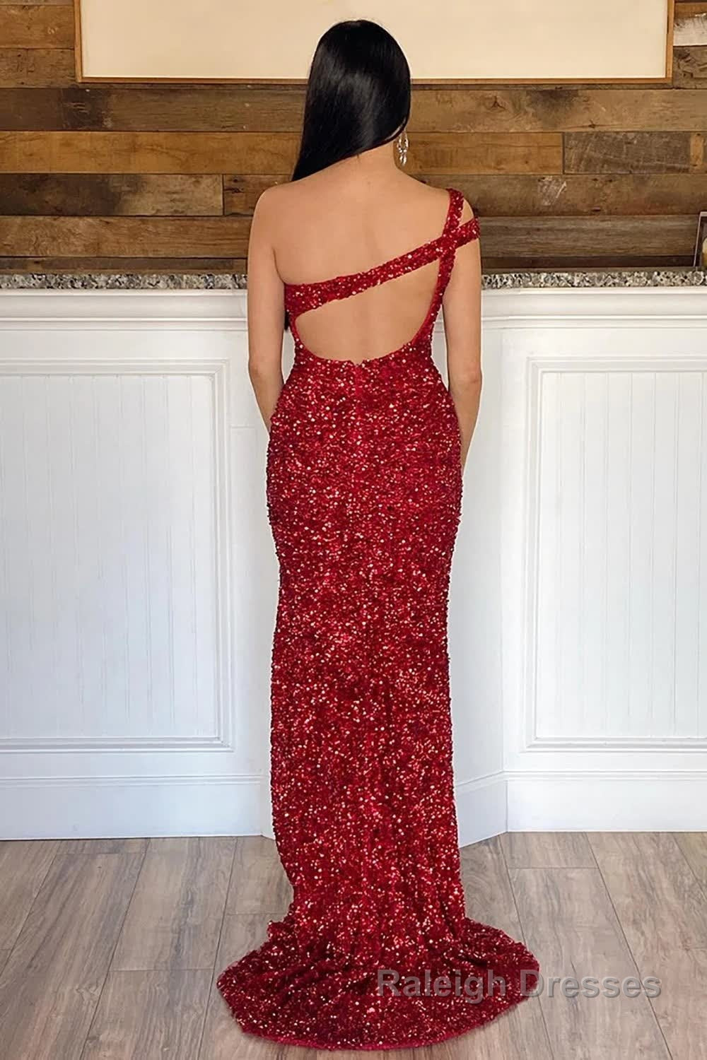 Sheath One Shoulder Red Sequins Long Prom Dress Secondary image