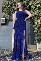 Sheath One Shoulder Red Sequins Prom Dress with Slit