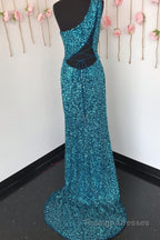 Sheath One Shoulder White Sequins Long Prom Dress with Split Front