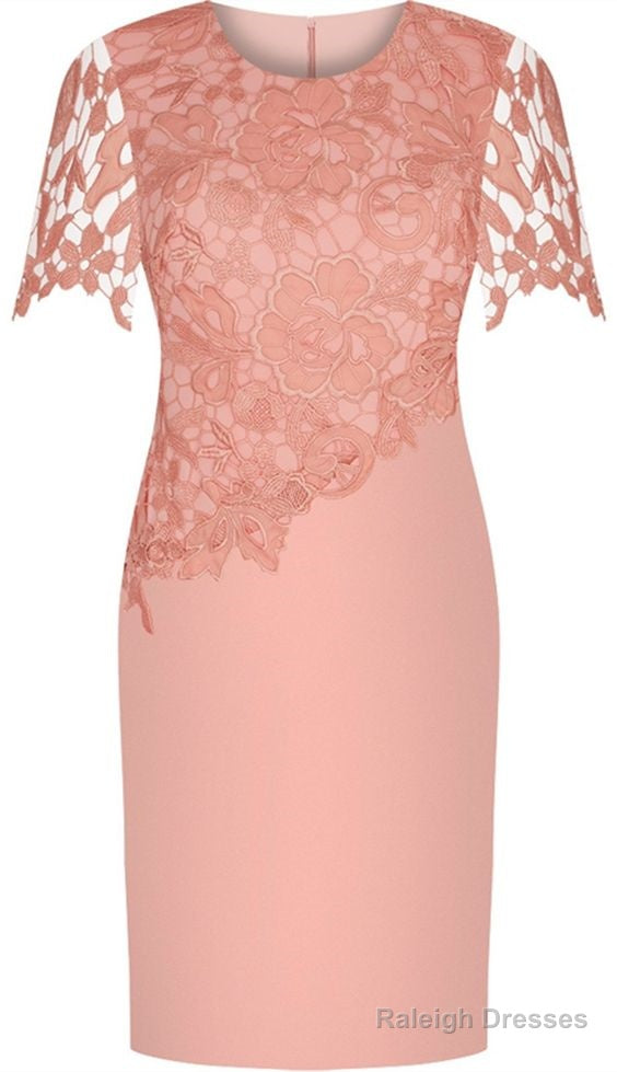 Sheath Round Neck Short Sleeves Prom Elastic Satin Short Mother Of The Bride Dress With Lace