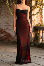 Sheath Spaghetti Straps Black Red Prom Dresses Floor Length Bridesmaid Dresses