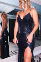 Sheath Spaghetti Straps Black Sequins Long Prom Dress with Silt