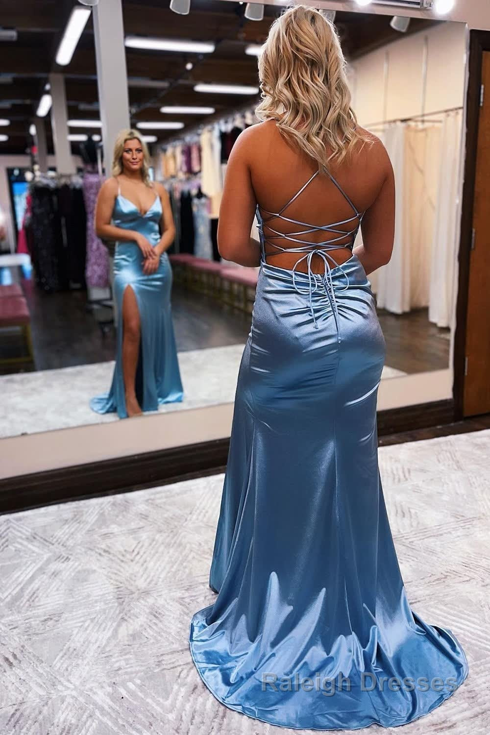 Sheath Spaghetti Straps Blue Long Prom Dress with Silt Secondary image
